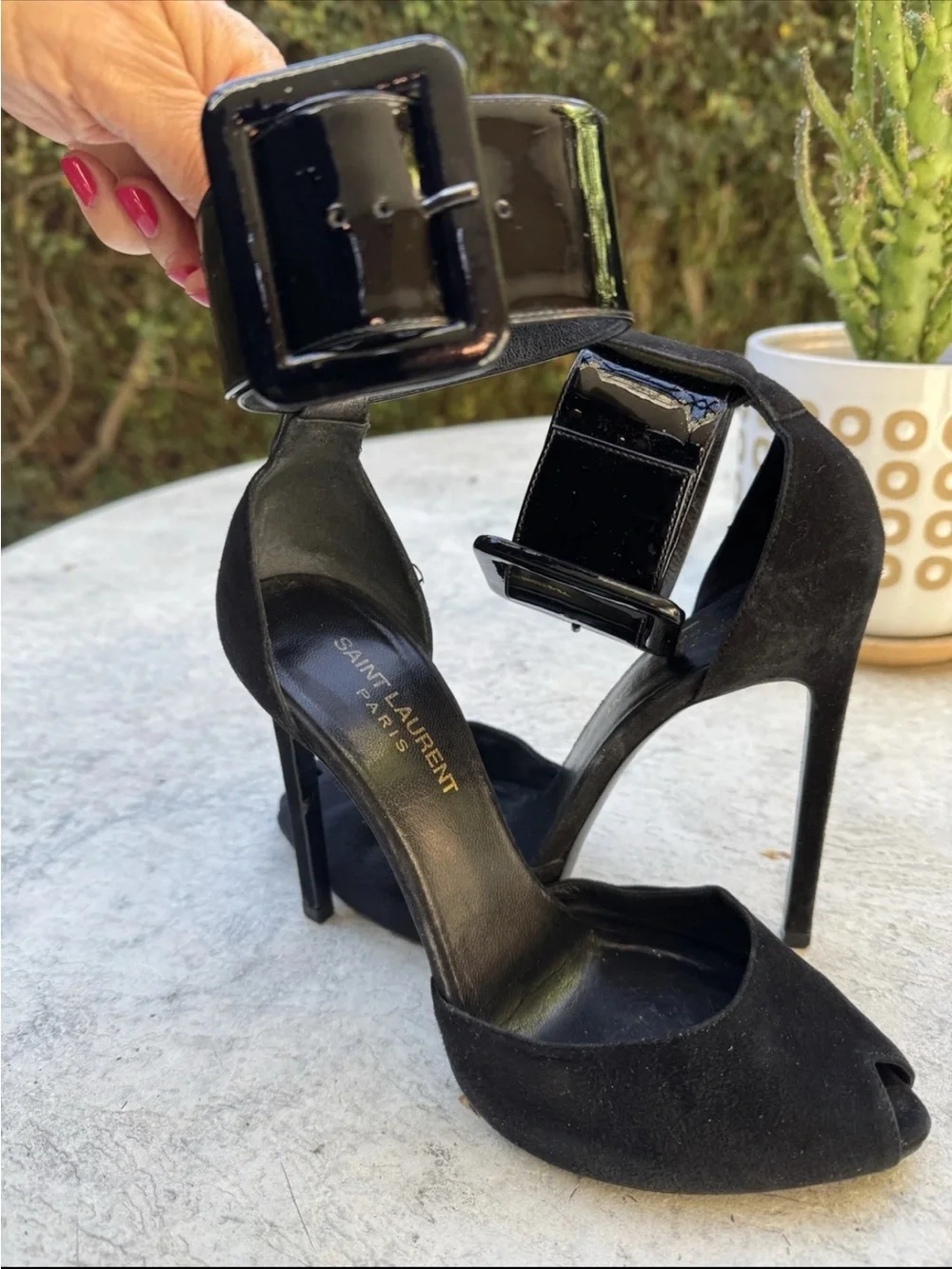 Saint Laurent Black Suede Peep-Toe Stiletto Heels with Patent Ankle Buckle - Picture 3 of 6